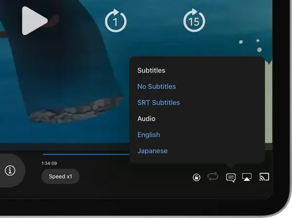 FileBrowserGO movie player on iPad with language switcher icon visible allowing selection of alternate audio tracks in a movie