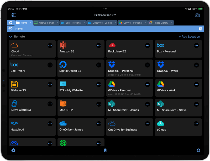 Connect to and view documents from multiple cloud user accounts including box and dropbox on iPhone and iPad