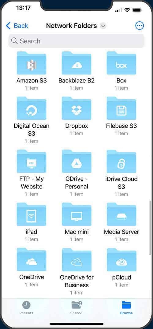 Connect to servers or external devices easily with File Browser and the iOS Files app.