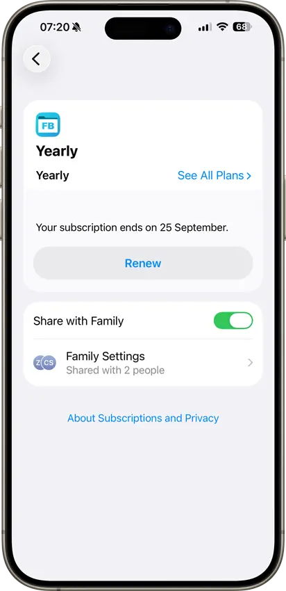 FileBrowserGO with Apple Family Sharing subscription