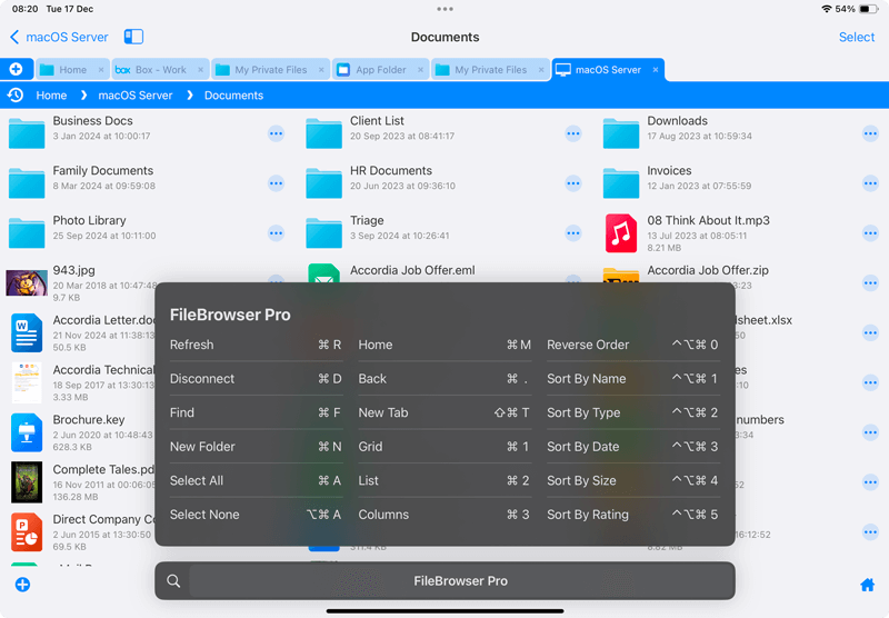 iOS Keyboard shortcuts for FileBrowser