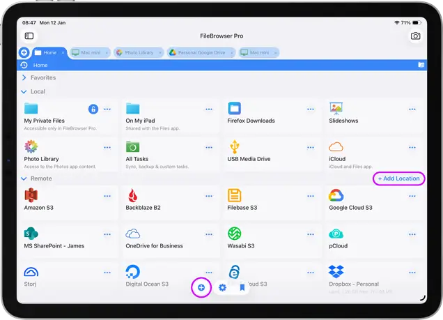 Add storage location screen in FileBrowser Professional on iOS