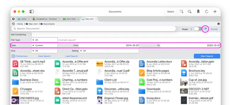 search files via date ranges
