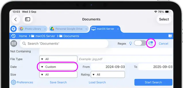 search files via date ranges