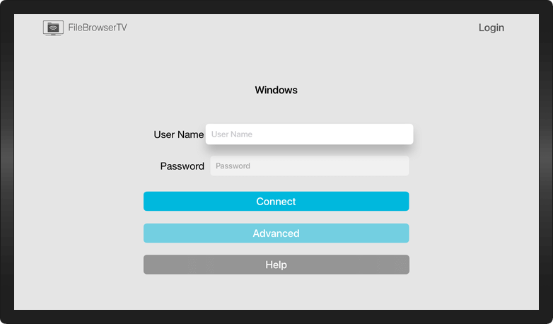 Enter your Username and Password in FileBrowserTV to connect to your PC from AppleTV