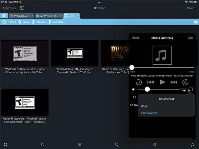 AirPlay or Chromecast movie files from your computer to your TV using your iOS device