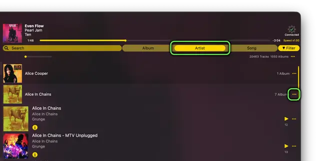 Easily download all the albums by a set artist that you own, listen to them in offline mode