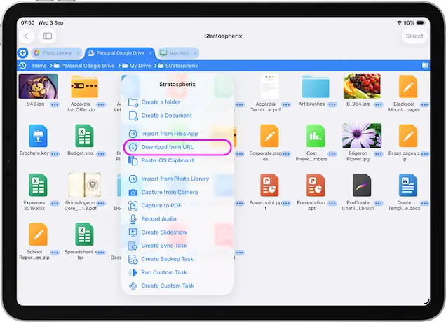 Use filebrowser and tap the actions menu
