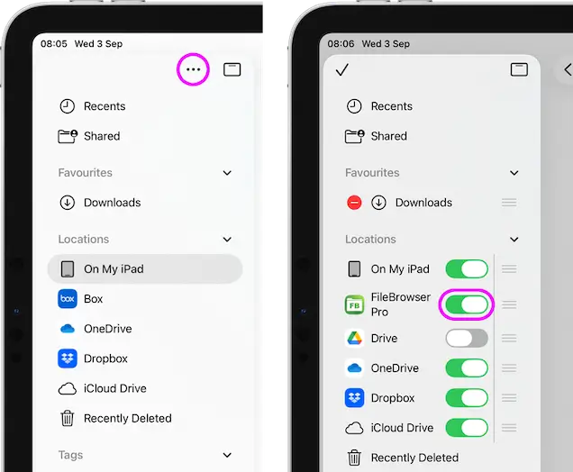Access FileBrowserGO connections such as Dropbox and OneDrive in the iOS Files App