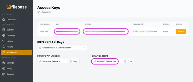 Find your Filebase access key and secret key for FileBrowser Professional