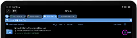 View pCloud Backup tasks in FileBrowser Professional on iPhone and iPad