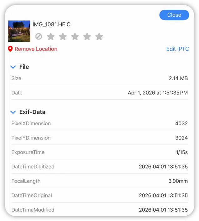 FileBrowserGO photo information panel on iPad showing the Remove GPS Properties option when editing image metadata
