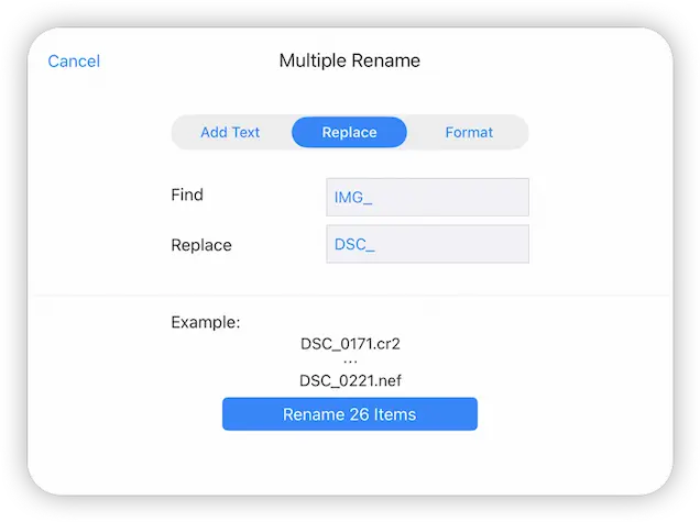 bulk rename with find and replace on iPad/iPhone