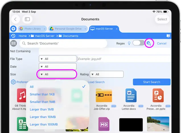 limit searches to preset file sizes
