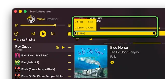 Search your music collection by Song, Album, Artist or File name