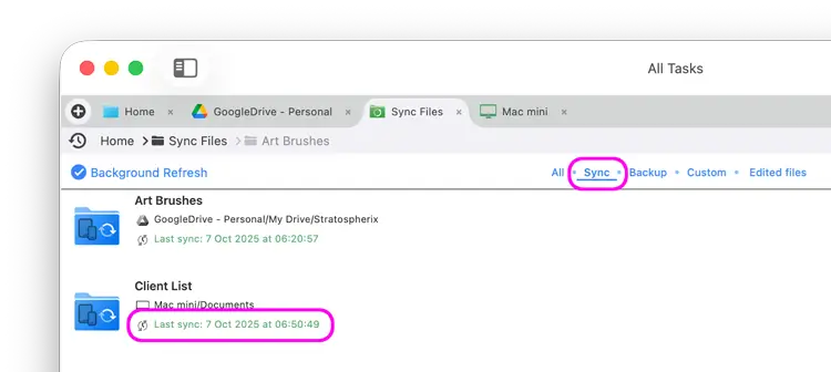 Sync files or folders to FileBrowser Pro for Mac
