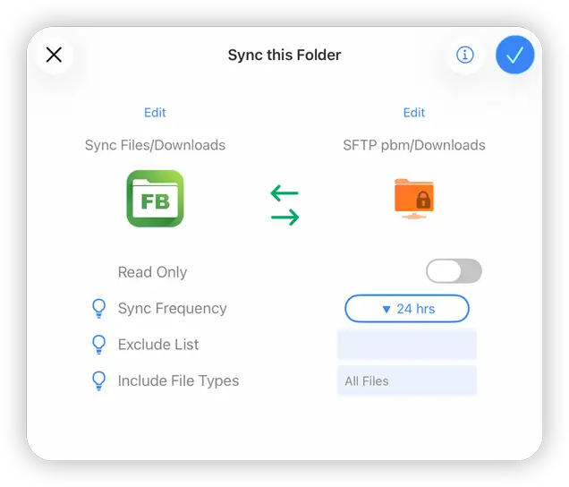 FileBrowser Professional sync task setup screen on iPad showing configuration options for a new Sync Task including source and destination folders