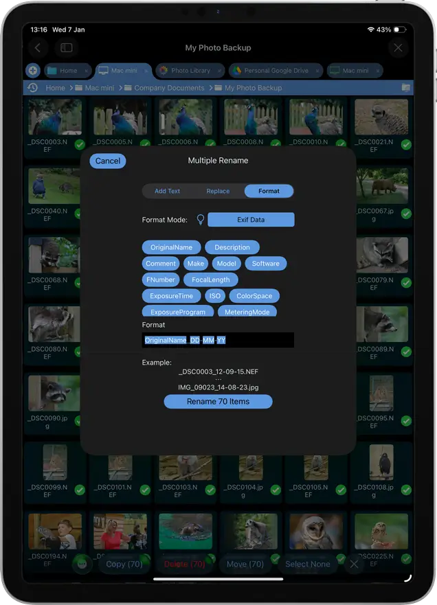 Add any combination of EXIF properties to your phots file names in bulk