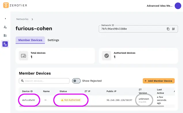 Refresh the ZeroTier webpage and your Mac should be listed
