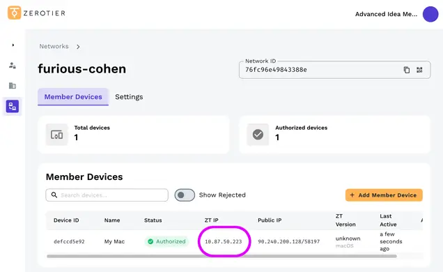 Refresh the ZeroTier webpage and your Mac should be listed