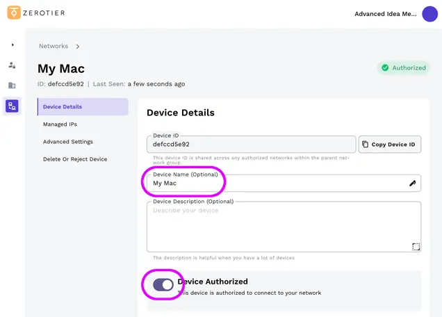 Refresh the ZeroTier webpage and your Mac should be listed