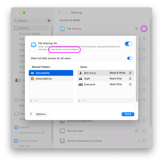 Connect to Mac via SFTP File Sharing settings