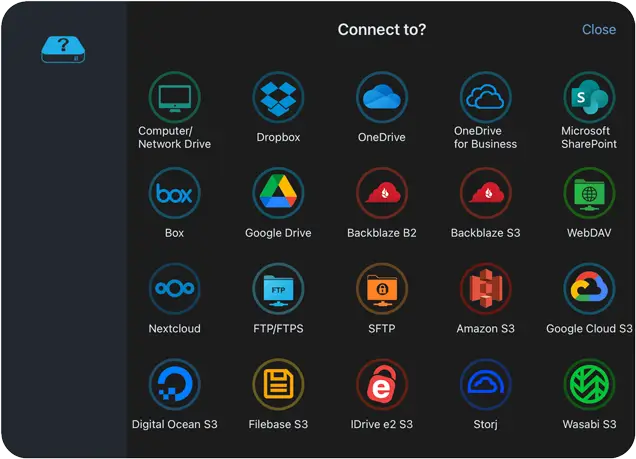 Enterprise Files setup wizard showing available corporate file server and cloud storage connection types
