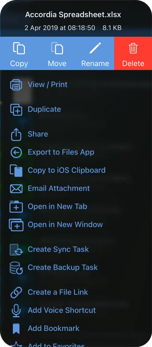 Enterprise Files file menu showing all available file management and sharing options