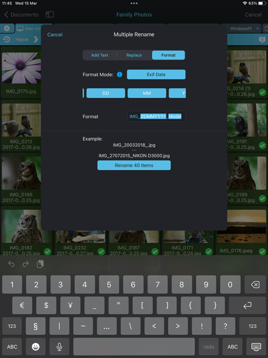 Add EXIF data to your filenames in bulk using your iPad or iPhone
