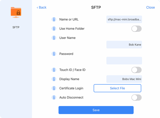 Enter your Macs SFTP details into FileBrowser Professional