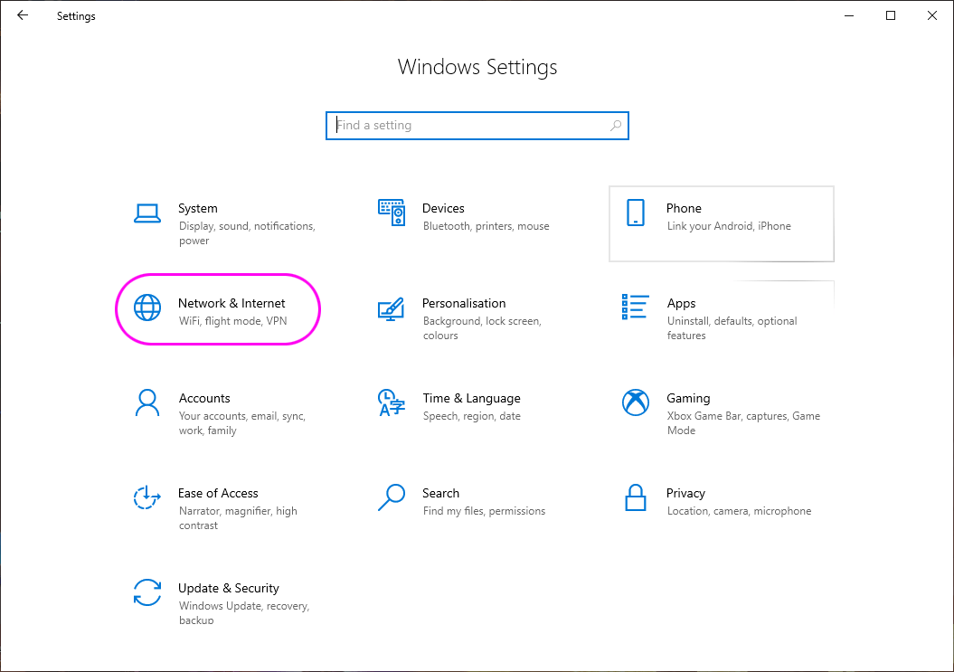 Settings network options