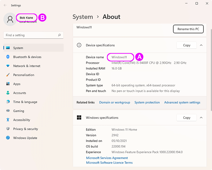 Find your computer name in Windows 11