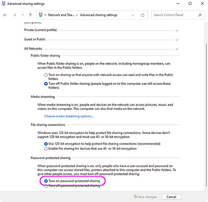 Enable password protected sharing in Windows 11
