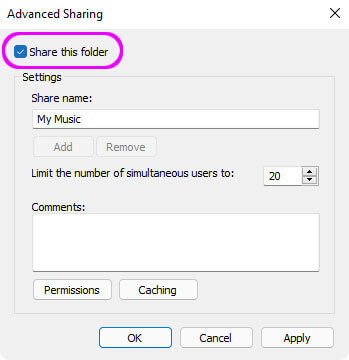 How to setup Windows 11 file sharing for yoru music