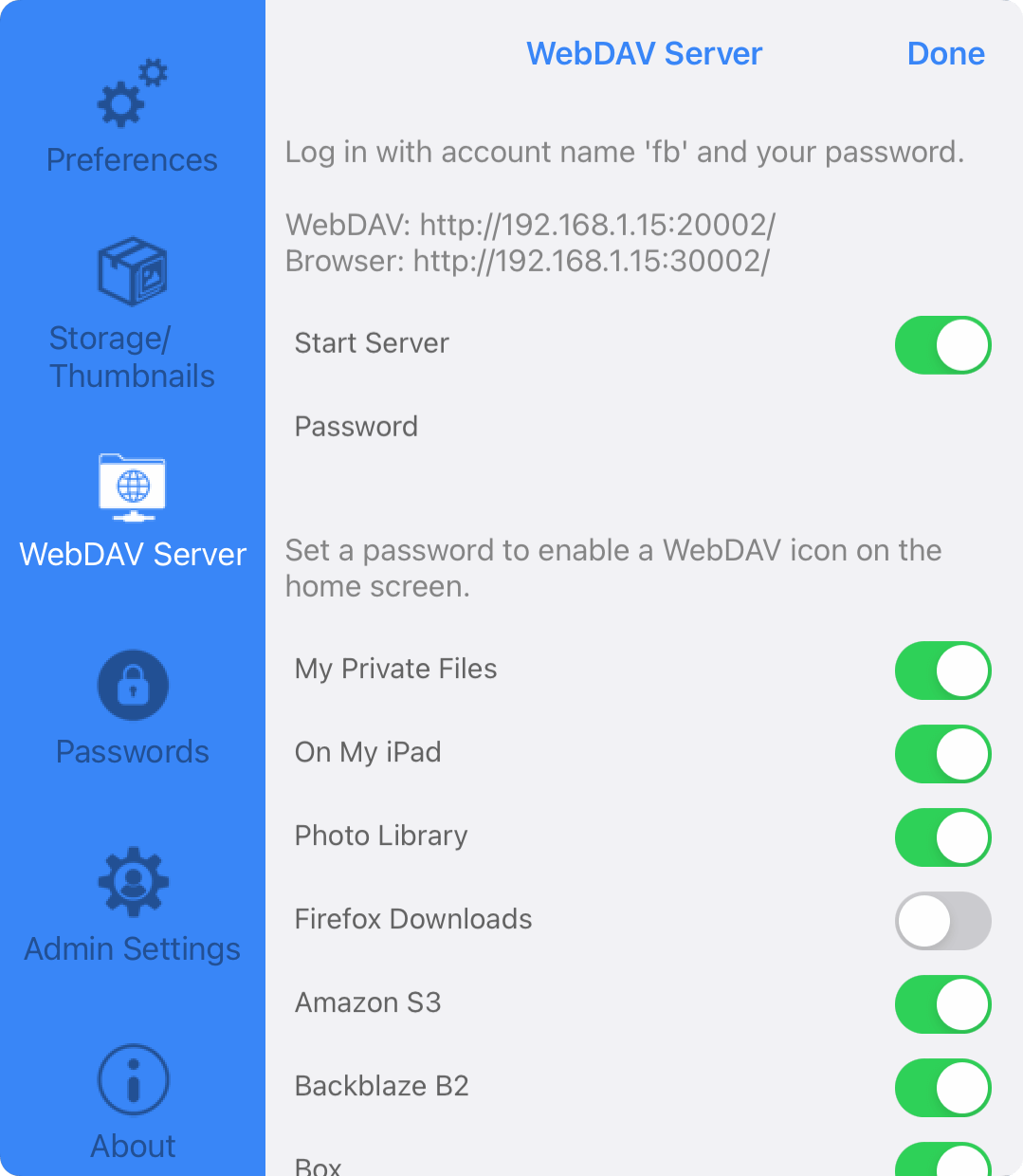 FileBrowser WebDAV server settings