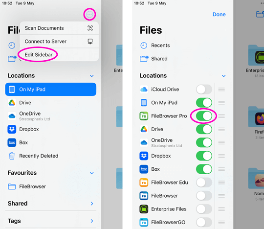 Access FileBrowser connections in the iOS Files App